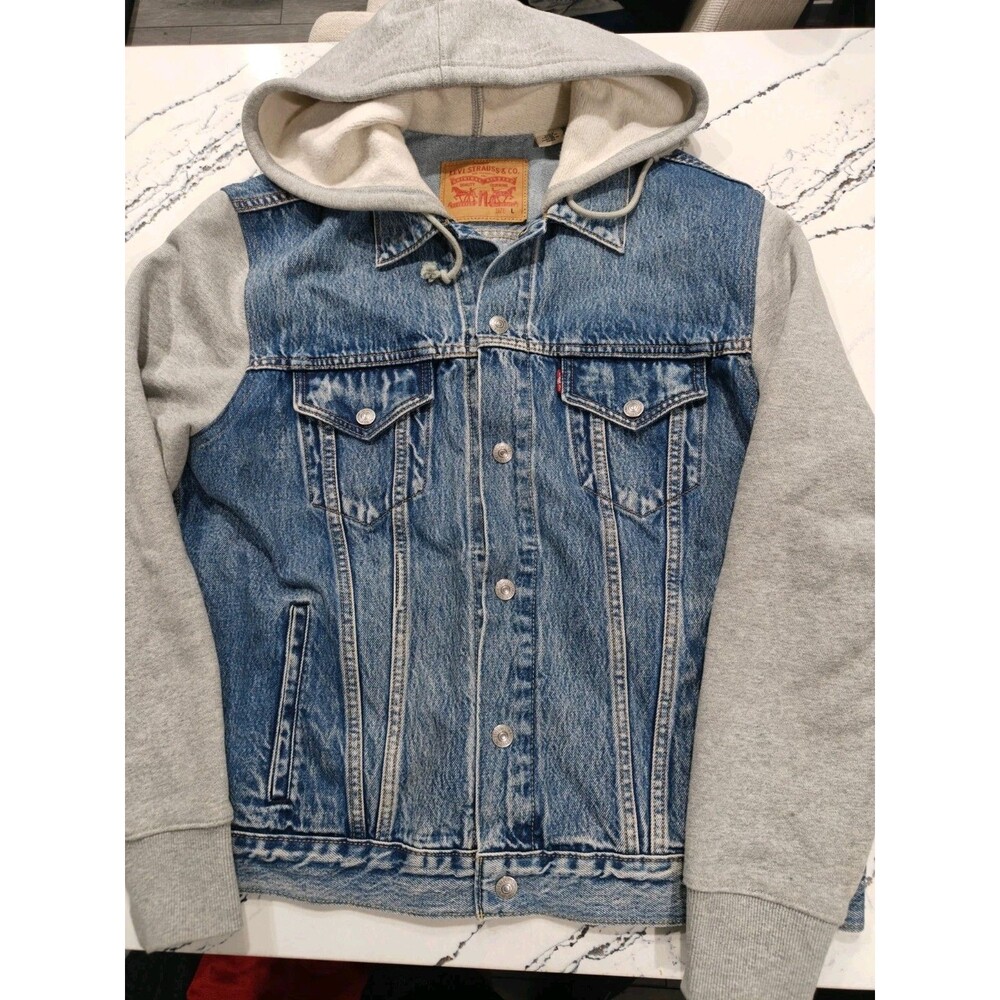 Levi’s Hybrid Trucker Jacket Hoodie Large Denim Gray Hooded Metal Button